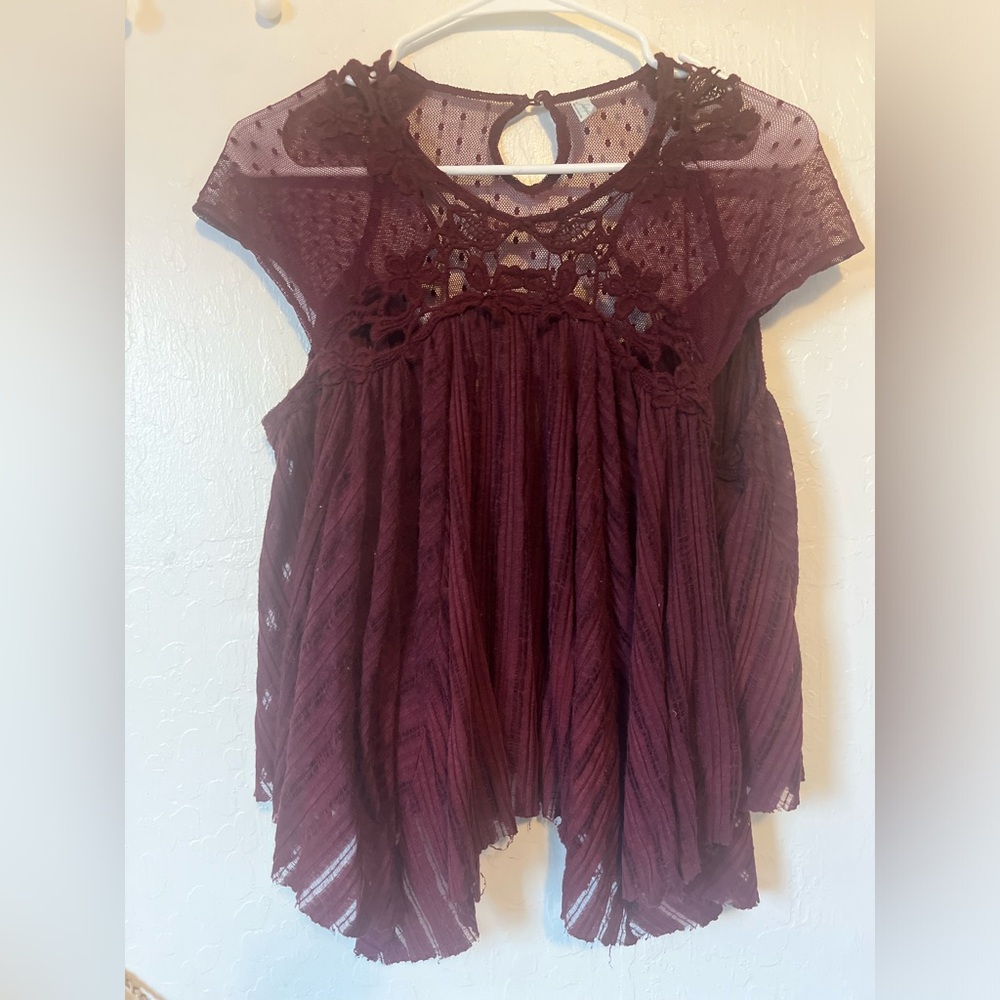 Free People Plum Lace Yoke Short Sleeve Blouse